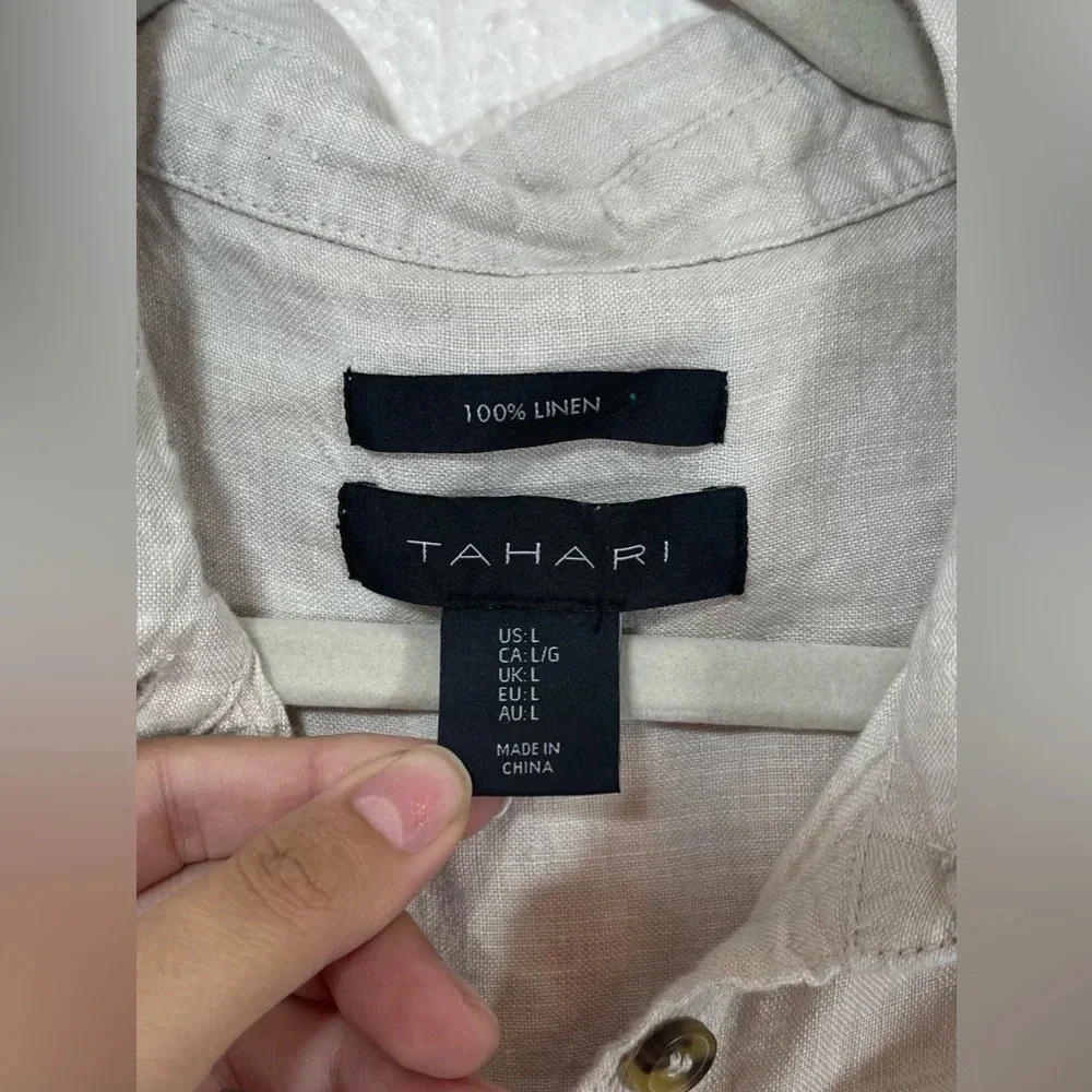 Tahari 100% Linen Beige Sleeveless Collared Button Down Shirt Dress Women Large
